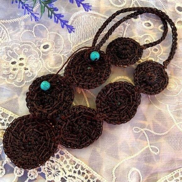 Turquoise Gold & Brown Medallion Handcrafted Crochet Necklace 22" 24" - Picture 8 of 13